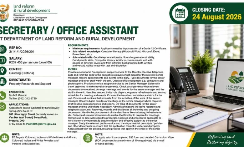 Department of Land Reform Secretary Office Assistant Vacancy – Grade 12 Required