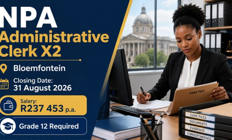 NPA Administrative Clerk Vacancies X2 in Bloemfontein 2026 – Grade 12 Required