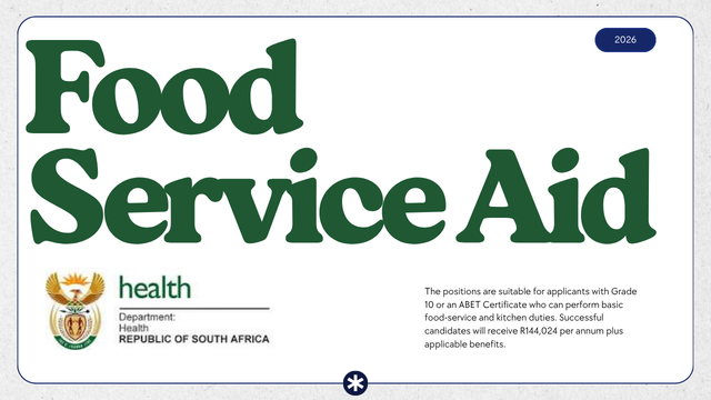Department of Health Food Service Aid Vacancies X2 at Heidelberg Hospital: Grade 10 or ABET Required