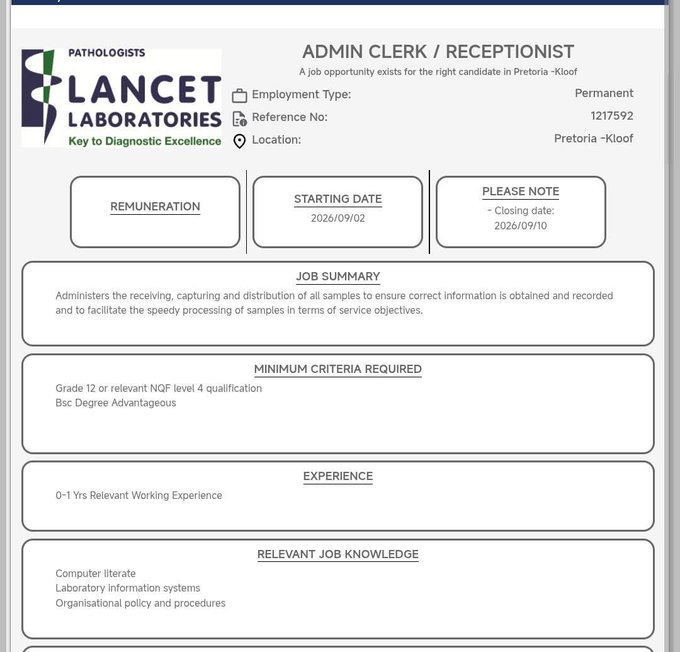 Lancet Laboratories Admin Clerk / Receptionist Vacancy 2026: Grade 12, Brits